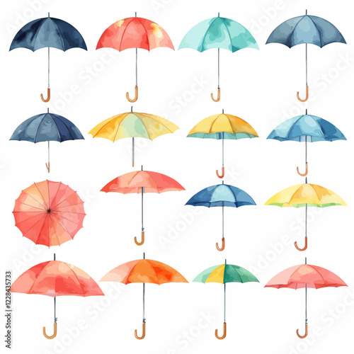 Set of umbrellas in different colors. Cute vector watercolor illustration for children's design and weather