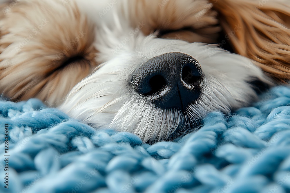 Close up of wet black dog nose and white fur against cozy blue knitted blanket background, showing peaceful sleeping pet resting in comfort. Close up of wet black dog nose and white fur against cozy blue knitted blanket background, showing peaceful sleeping pet resting in comfort.
