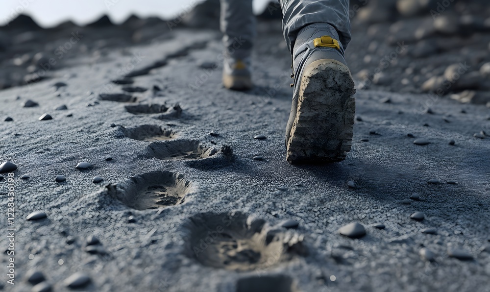 Hiking boots on volcanic ash trail, scenic background Hiking boots on volcanic ash trail, scenic background
