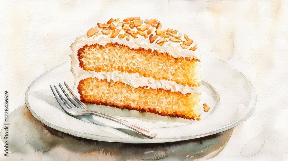 Moist Vanilla Cake Slice with Cream Frosting and Almond Topping Moist Vanilla Cake Slice with Cream Frosting and Almond Topping