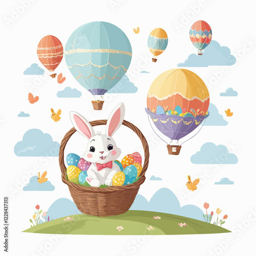 Cute Easter bunny on isolated background. Cute bunny flying in a hot air balloon with a basket full of Easter eggs. Happy Easter. Sweet watercolor elements. Vector illustration.