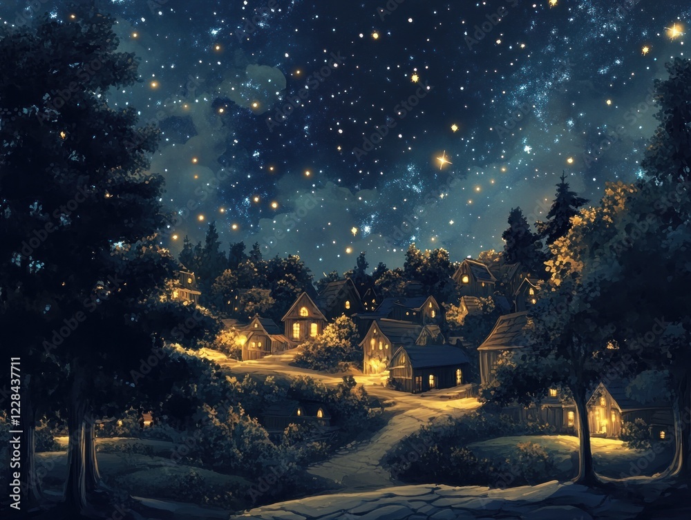 Fototapeta premium Quiet village under starry sky black gold gray theme