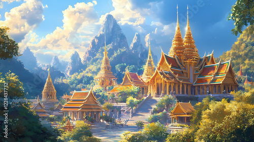 Intricate architecture of a traditional thai temple with ornate golden spires and vibrant rooftops surrounded by lush greenery. gilded temple. illustration. Vibrant Spire. Illustration