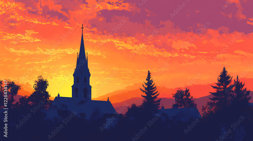 Silhouette of a church during a vibrant sunset. Vibrant Spire. Illustration Silhouette of a church during a vibrant sunset. Vibrant Spire. Illustration