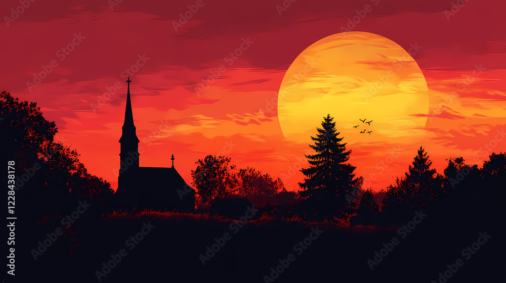 Obraz premium Silhouette of a church during a vibrant sunset. Vibrant Spire. Illustration