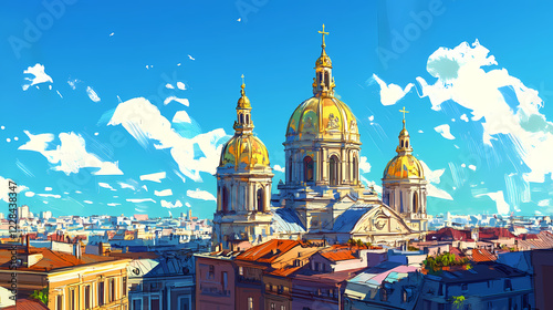 Towering golden domed cathedral dominates historic european city skyline conveying a sense of spiritual awe and cultural significance in a bustling. Vibrant Spire. Illustration photo