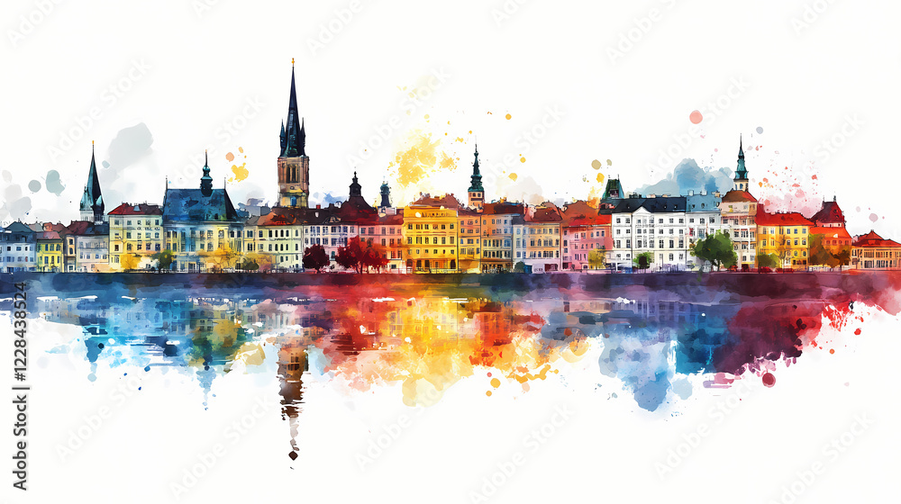 Obraz premium Vibrant abstract cityscape watercolor illustration with colorful buildings and reflections. Vibrant Spire. Illustration