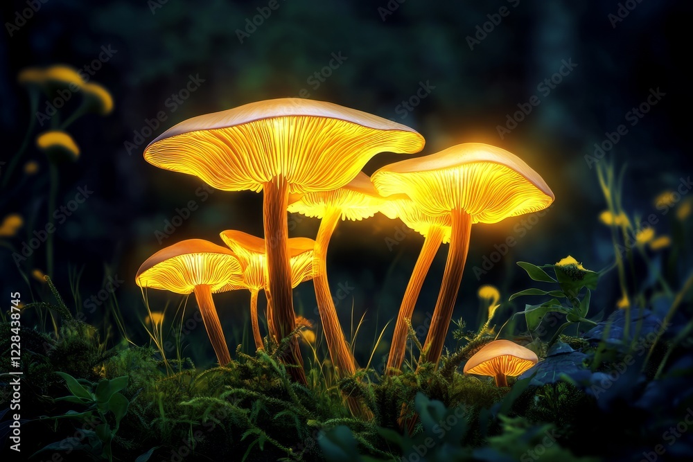 Fototapeta premium Night forest with glowing mushrooms in green yellow black