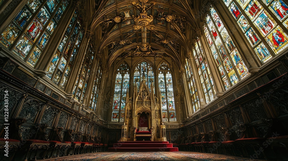 Fototapeta premium Gothic Chapel Interior with Colorful Stained Glass Windows