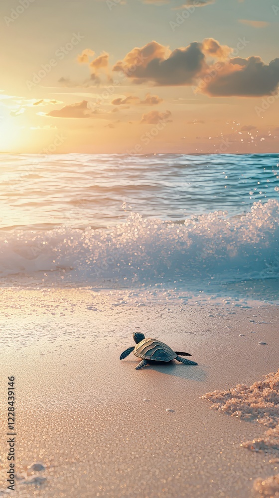 Naklejka premium Young Sea Turtle Crawling on Sandy Shore at Sunset