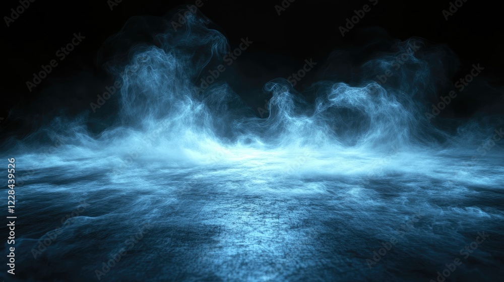 Ethereal blue mist swirling over a dark surface, creating a mystical atmosphere ideal for backgrounds Ethereal blue mist swirling over a dark surface, creating a mystical atmosphere ideal for backgrounds