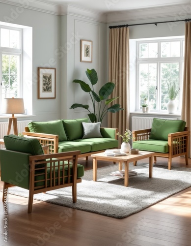 Serene living space showcasing a blend of natural wood and vibrant green accents