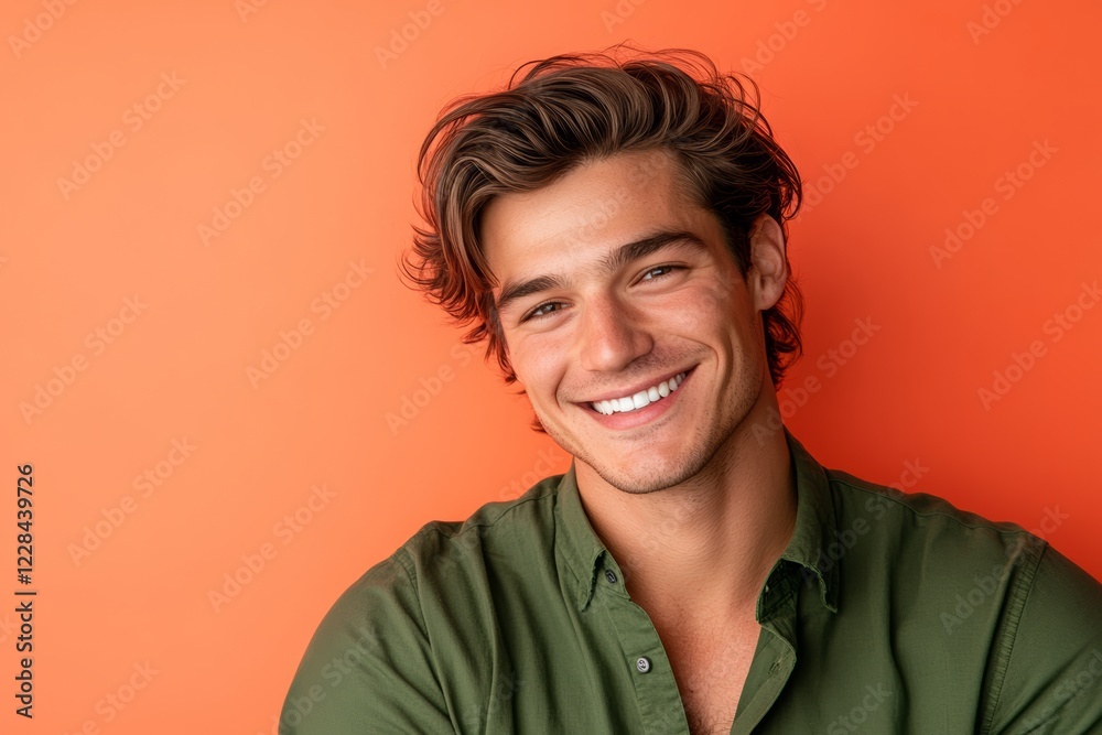 Smiling young caucasian man in green shirt against orange background Smiling young caucasian man in green shirt against orange background