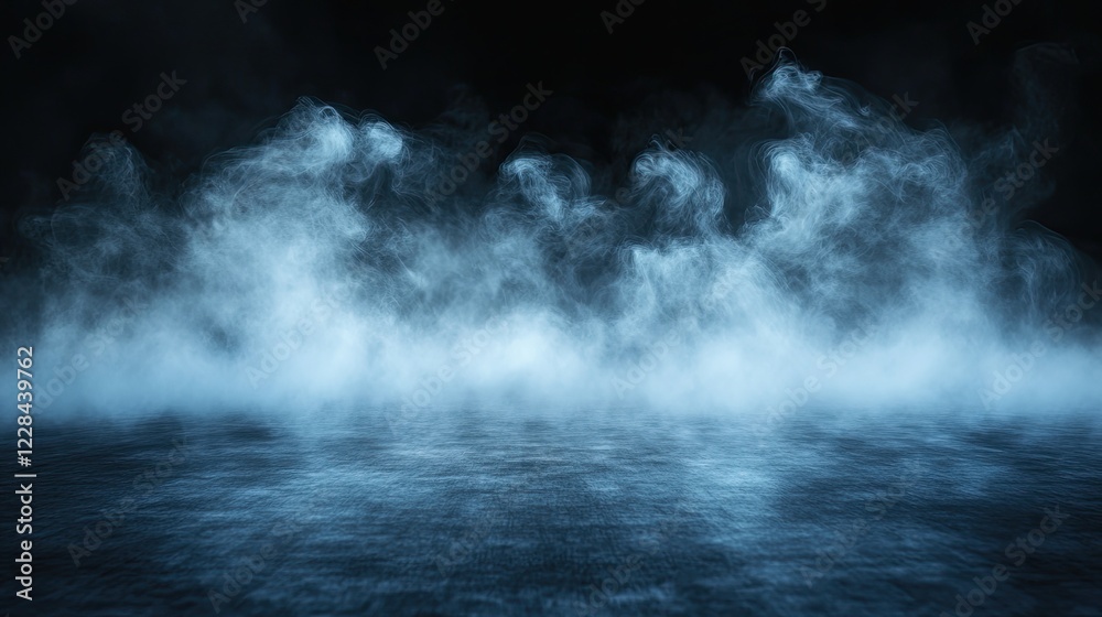 Ethereal blue mist swirling over a reflective surface in a dark environment, creating a mystical atmosphere Ethereal blue mist swirling over a reflective surface in a dark environment, creating a mystical atmosphere