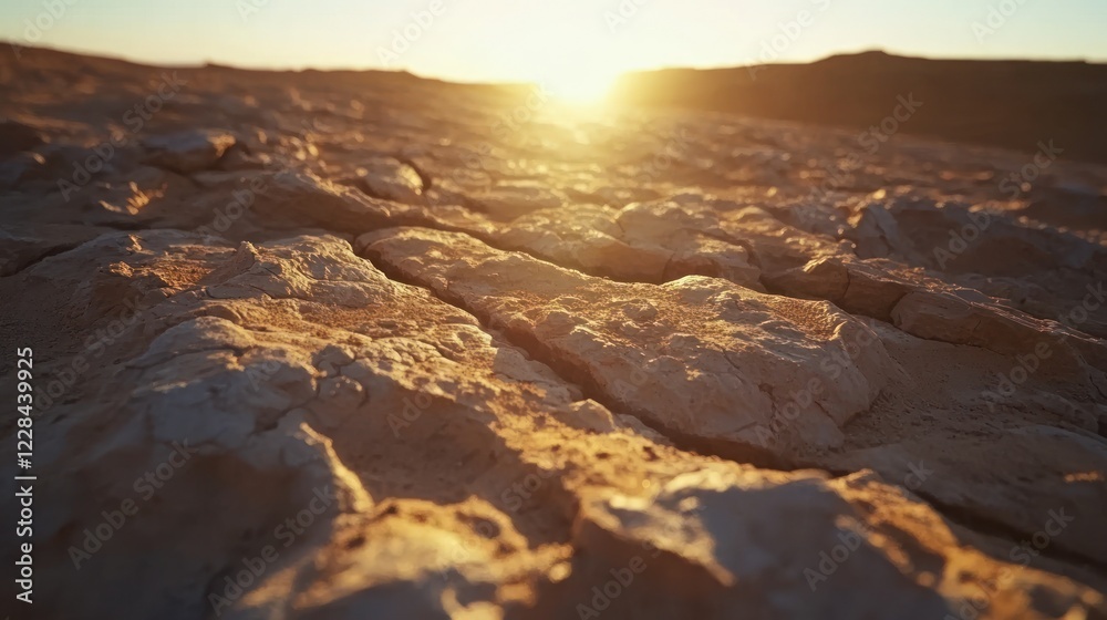Sunset over Cracked Earth: Arid Landscape at Golden Hour Sunset over Cracked Earth: Arid Landscape at Golden Hour