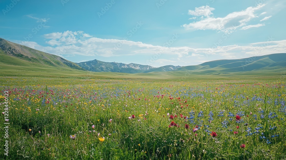 Vibrant Wildflower Meadow Under Clear Blue Sky in Summer Landscape Vibrant Wildflower Meadow Under Clear Blue Sky in Summer Landscape