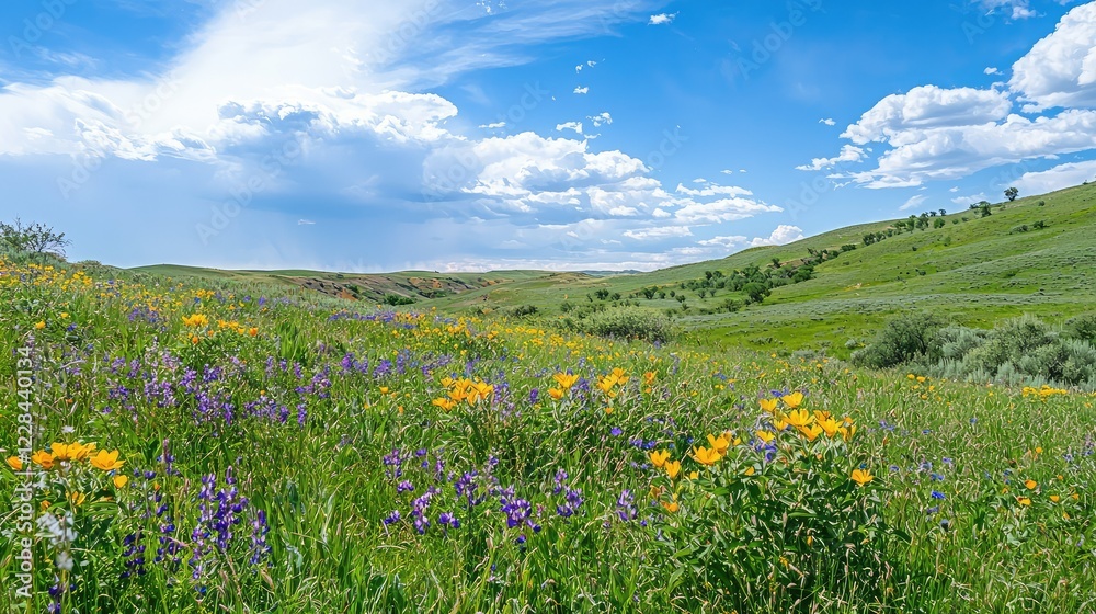 Fototapeta premium Colorful Wildflowers in Lush Green Landscape Under Bright Sky