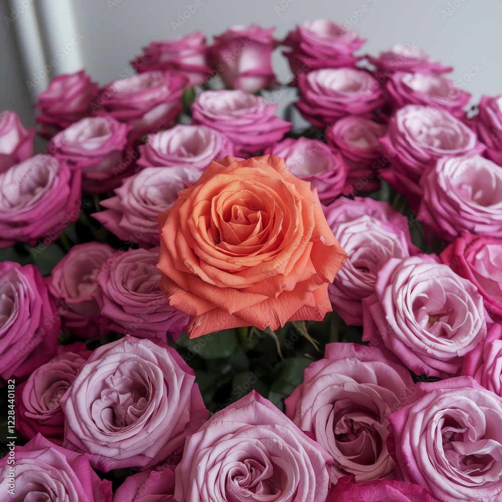 A stunning display of roses in various shades of pink, with a vibrant orange rose standing out in the center, creating a beautiful contrast that captures the essence of nature's be A stunning display of roses in various shades of pink, with a vibrant orange rose standing out in the center, creating a beautiful contrast that captures the essence of nature's be