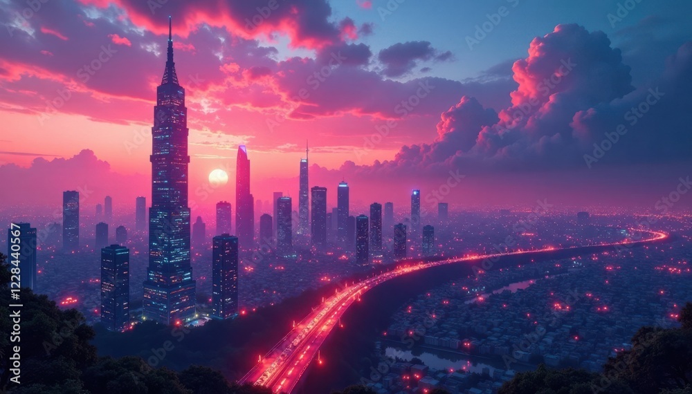 Fototapeta premium A futuristic cityscape at dusk, urban, abstract, cityscape