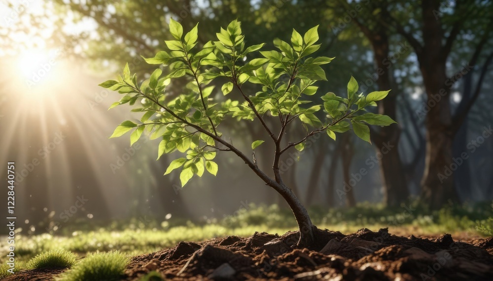 Fototapeta premium A sapling stretches towards sunlight with leaves unfurling from its branches , plant growth cycle, photosynthesis growth, greenery