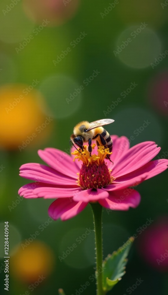 A single white bee collecting nectar from a colorful garden flower , insect behavior, bee gathering nectar, floral patterns A single white bee collecting nectar from a colorful garden flower , insect behavior, bee gathering nectar, floral patterns