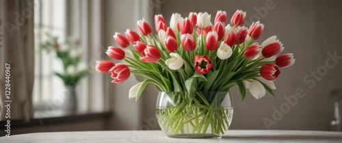 A vase filled with red and white tulips in a beautiful floral arrangement, greenery, garden, tulips photo