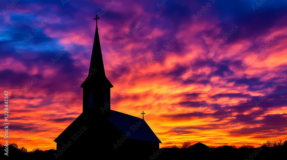 A church steeple silhouetted against a vibrant sunset sky. Vibrant Spire. Illustration A church steeple silhouetted against a vibrant sunset sky. Vibrant Spire. Illustration