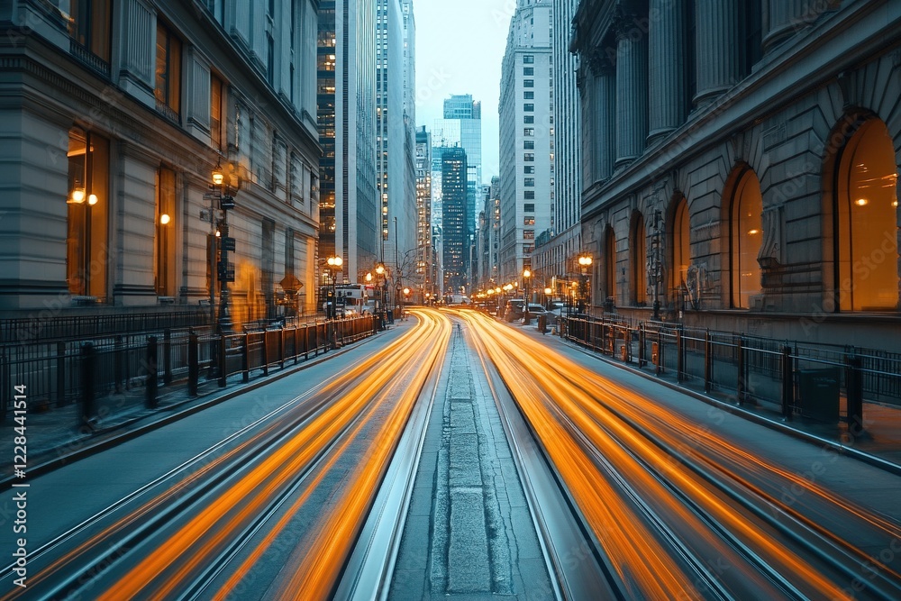 City street at dawn with light trails. City street at dawn with light trails.