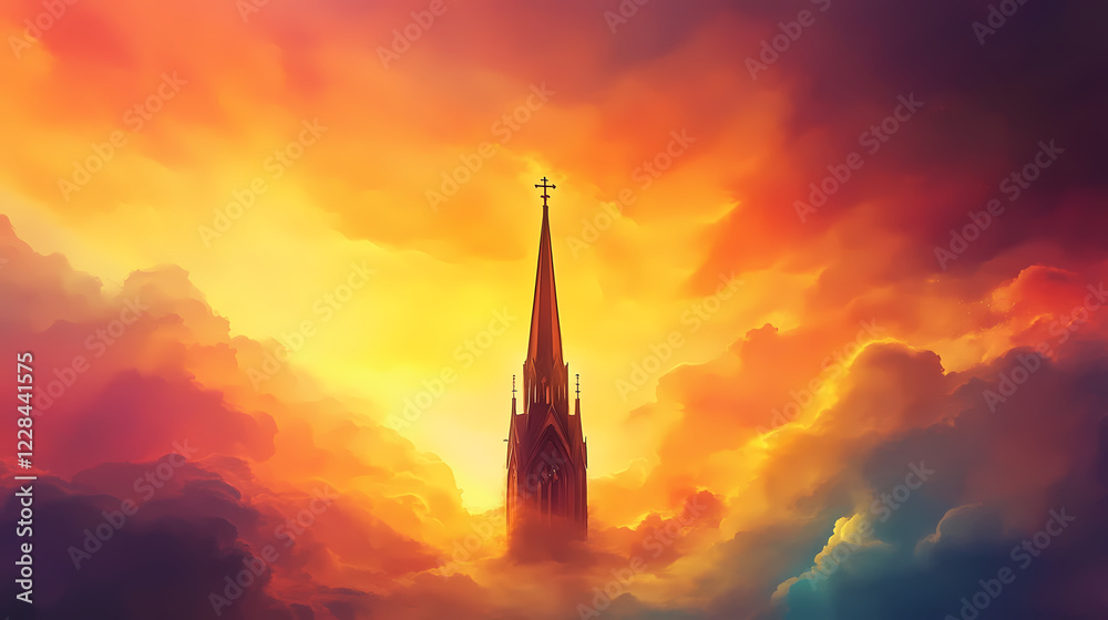 Obraz premium A serene church spire reaching towards a vibrant sunrise, illuminating the sky with warm colors and creating a peaceful atmosphere. Vibrant Spire. Illustration