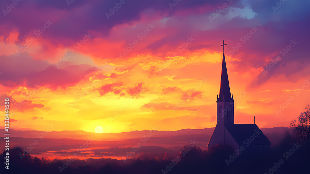 Obraz premium A serene church spire reaching towards a vibrant sunrise, illuminating the sky with warm colors and creating a peaceful atmosphere. Vibrant Spire. Illustration