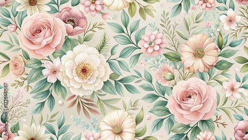 Elegant floral design in a seamless pattern featuring delicate flowers and leaves with soft pastel colors and intricate details