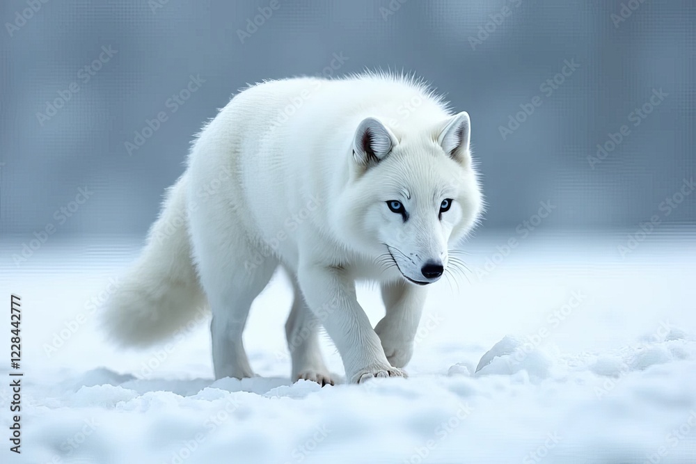 Obraz premium A beautiful white arctic fox walks gracefully through a snowy landscape, showcasing its striking blue eyes and fluffy fur against a soft, wintery backdrop.