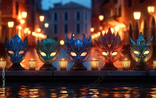 Enchanted revelry, Venice Carnival, people in elaborate masks, celebrating vibrant traditions, cultural heritage through stunning costumes, lively performances, creating magical atmosphere. photo