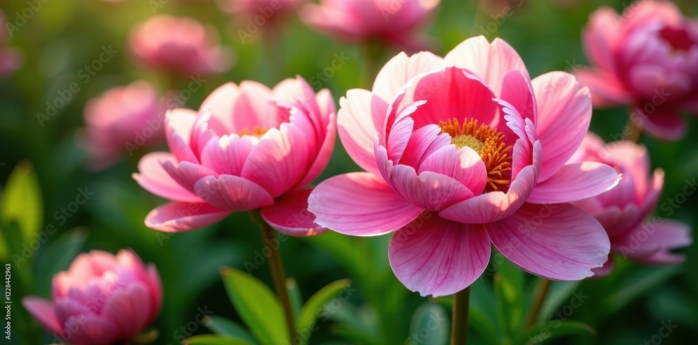 Bunch of fresh peony flowers in a garden bed , lush, garden Bunch of fresh peony flowers in a garden bed , lush, garden