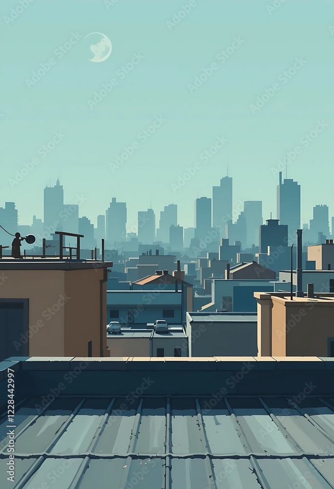 Obraz premium Cityscape Rooftop View Under a Crescent Moon