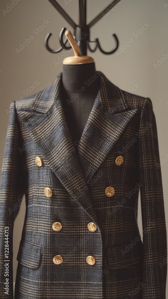 A stylish plaid blazer displayed on a mannequin, showcasing elegance and sophistication. Perfect for fashion enthusiasts looking to elevate their wardrobe with chic designs. A stylish plaid blazer displayed on a mannequin, showcasing elegance and sophistication. Perfect for fashion enthusiasts looking to elevate their wardrobe with chic designs.