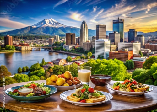 Portland Downtown Skyline with Delicious Food, Vibrant Cityscape & Culinary Delights photo