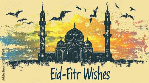 Eid-Fitr wishes greeting card with mosque silhouette at sunset.