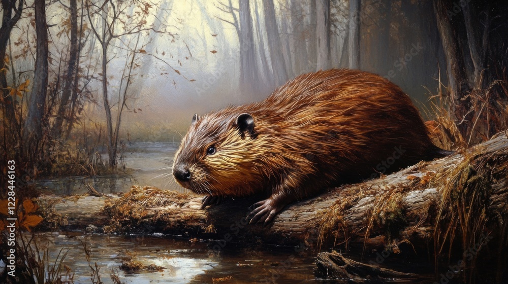 Beaver in tranquil marsh nature autumn forest close-up view Beaver in tranquil marsh nature autumn forest close-up view