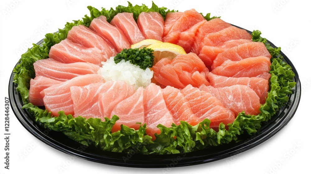 A beautifully plated dish of sashimi, with thin slices of tuna and salmon arranged in a circle. A beautifully plated dish of sashimi, with thin slices of tuna and salmon arranged in a circle.