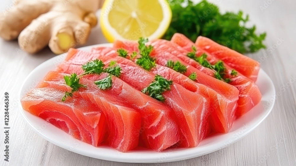 A beautiful arrangement of sashimi slices garnished with ginger and herbs, on a white porcelain plate.
