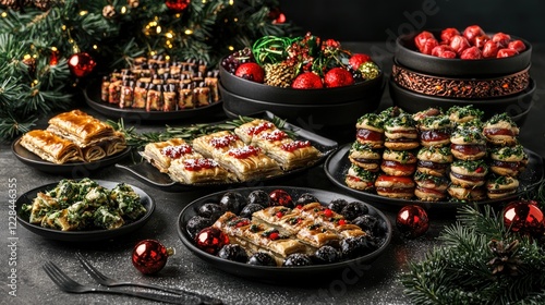 Festive Christmas food buffet with pastries, desserts, and appetizers on black plates.