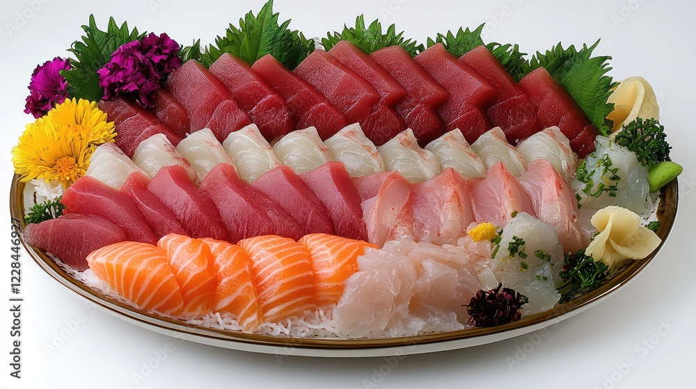 A clean, modern plate with a beautiful arrangement of sashimi, garnished with edible flowers and a lot of copy space.