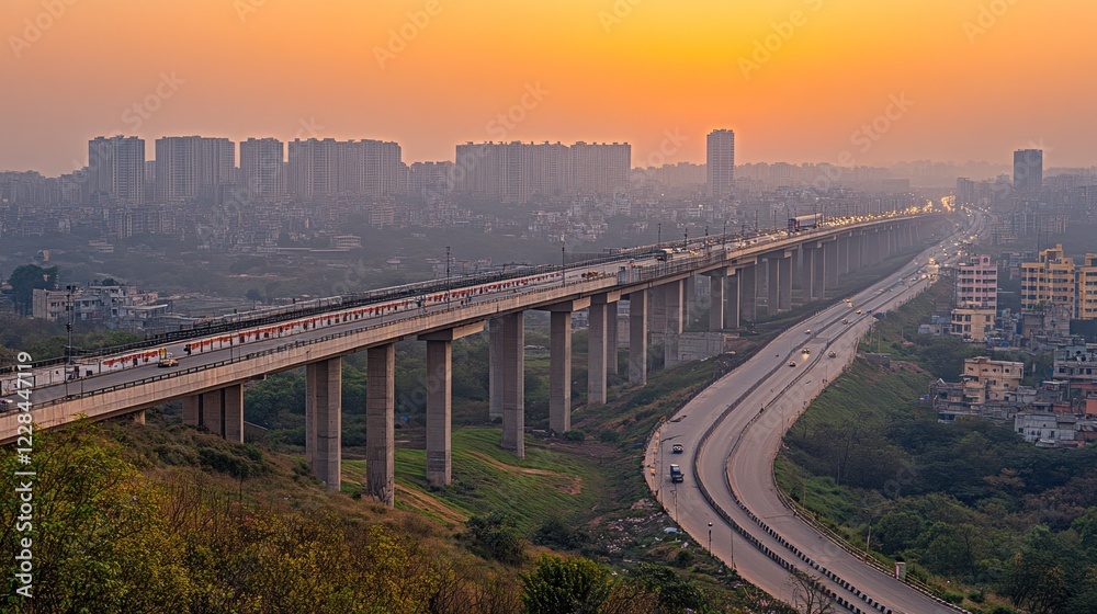 Obraz premium Elevated train transit highway sunset cityscape commuting