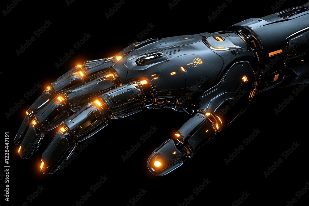Naklejka premium Close-up of a futuristic robotic hand with glowing orange joints against a black background.