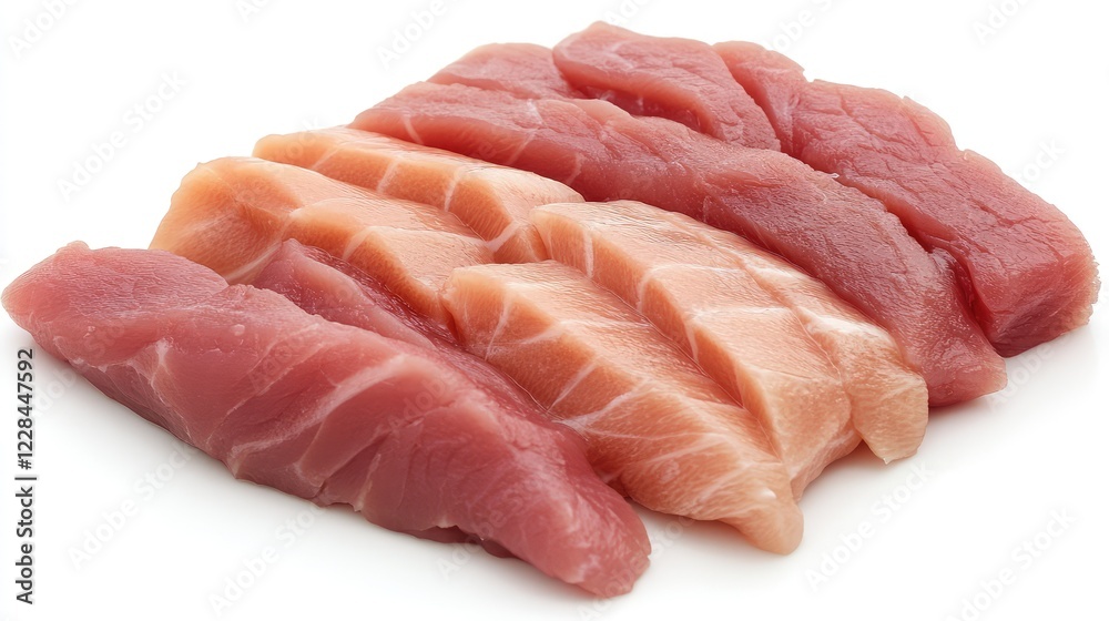 A close-up of delicate Japanese sashimi with slices of tuna, salmon, and yellowtail, placed on a clean plate with surrounding space. A close-up of delicate Japanese sashimi with slices of tuna, salmon, and yellowtail, placed on a clean plate with surrounding space.