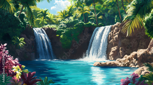 Waterfall tumbles into a serene pool, surrounded by tropical foliage, on the enchanting island of maui, a haven for nature lovers. Waterfall Haven. Illustration photo