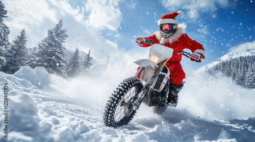 Santa rides dirt bike in snowy mountains; winter holiday card
