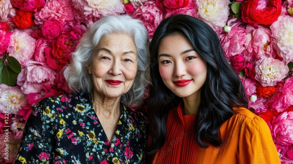 Fototapeta premium Women floral backdrop portrait, smiling, intergenerational, beauty, event