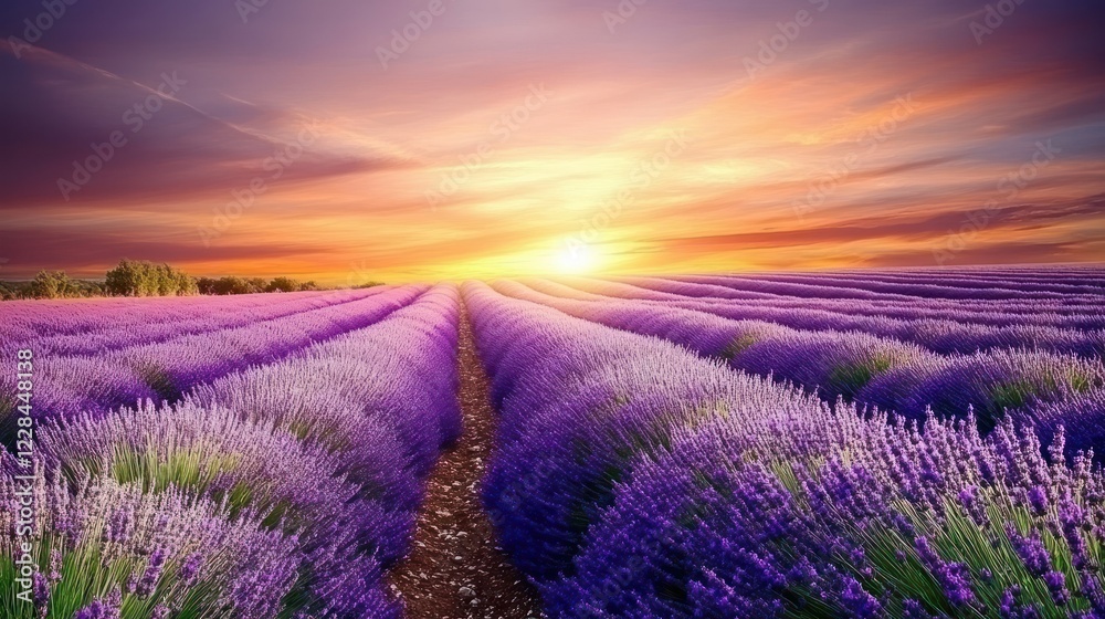 Obraz premium Sunset Lavender Field Provence, France; idyllic summer landscape, travel brochure